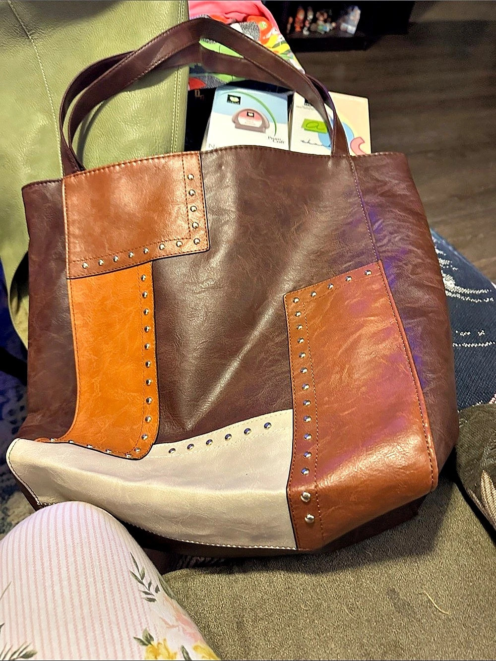 Color Block Tote in Brown & Cream